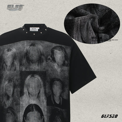 Studded Dark Portrait Graphic Waffle Oversize Short Sleeve T-Shirt WN26549