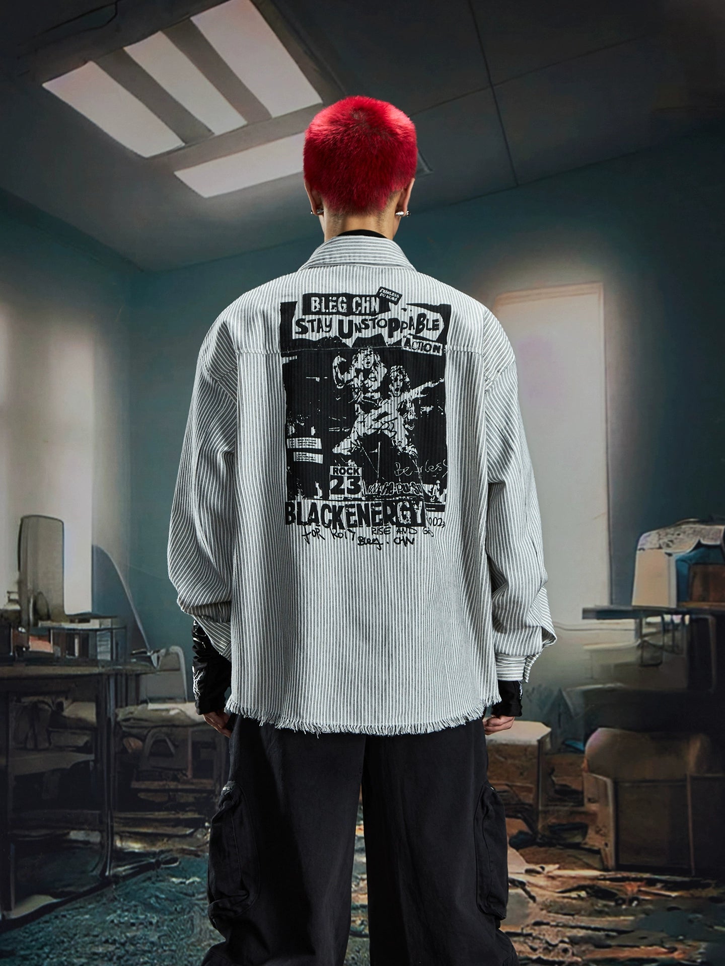 Print Stripe Damage Oversize Long Sleeve Shirt WN20560