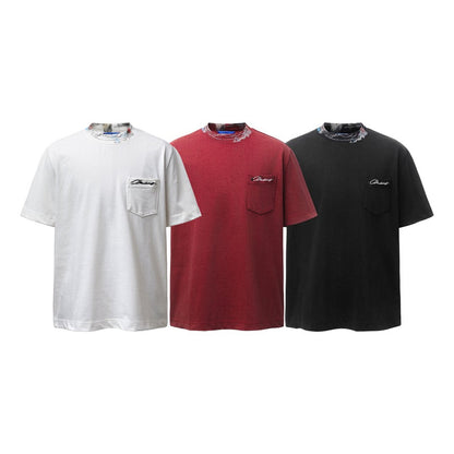 Contrast Collar Pocket Embroidery Short Sleeve T-Shirt WN26800