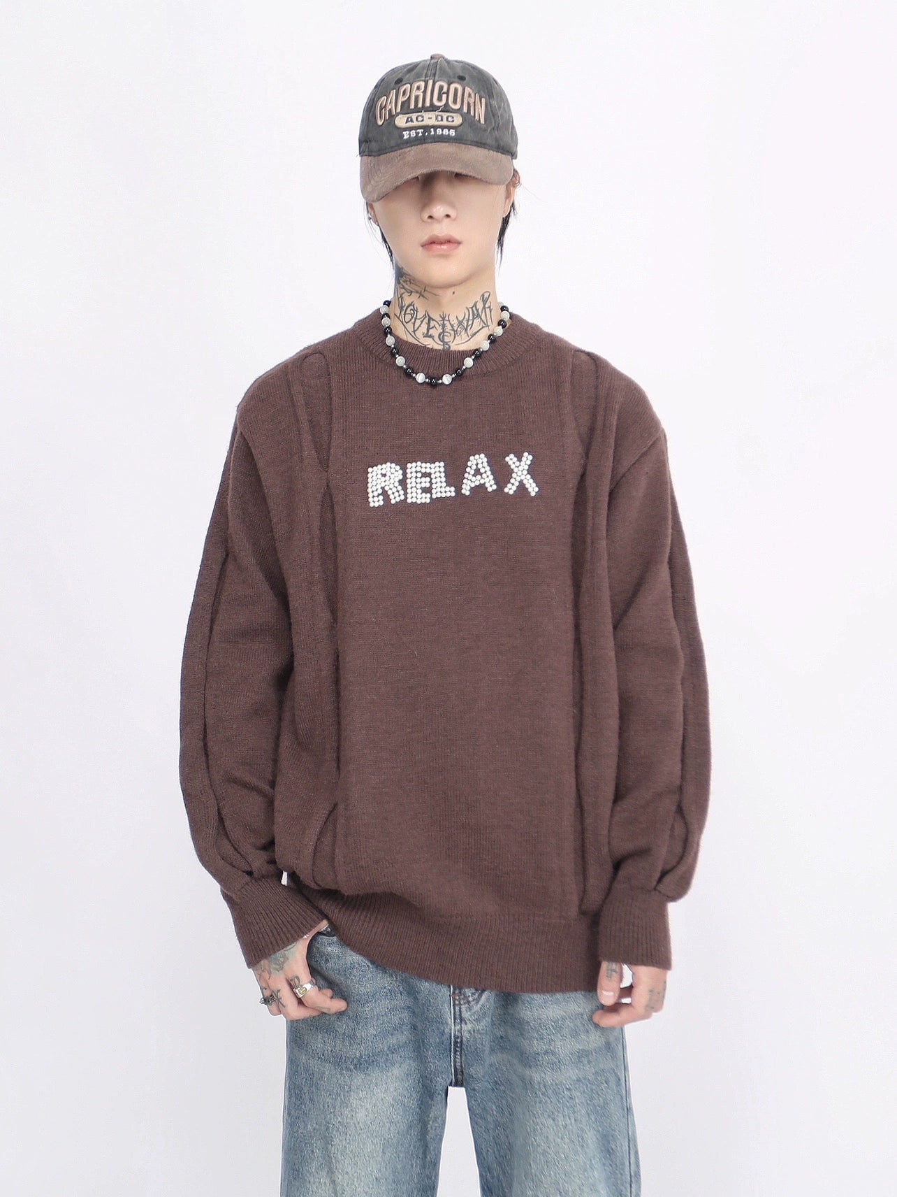 3D Pearl Letter Round Neck Oversize Knit Sweater WN8717