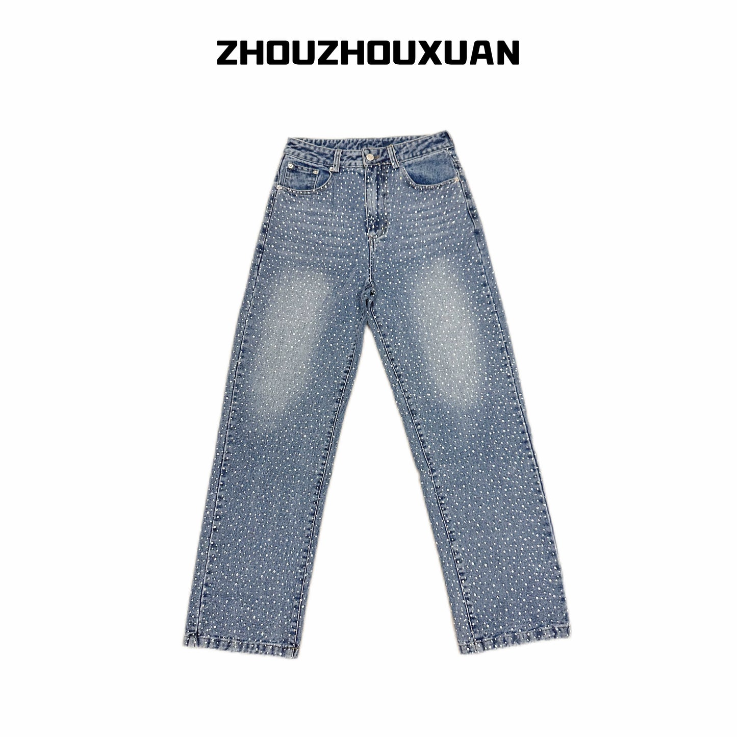 Rhinestone Star Wash Straight Denim Jeans WN20696