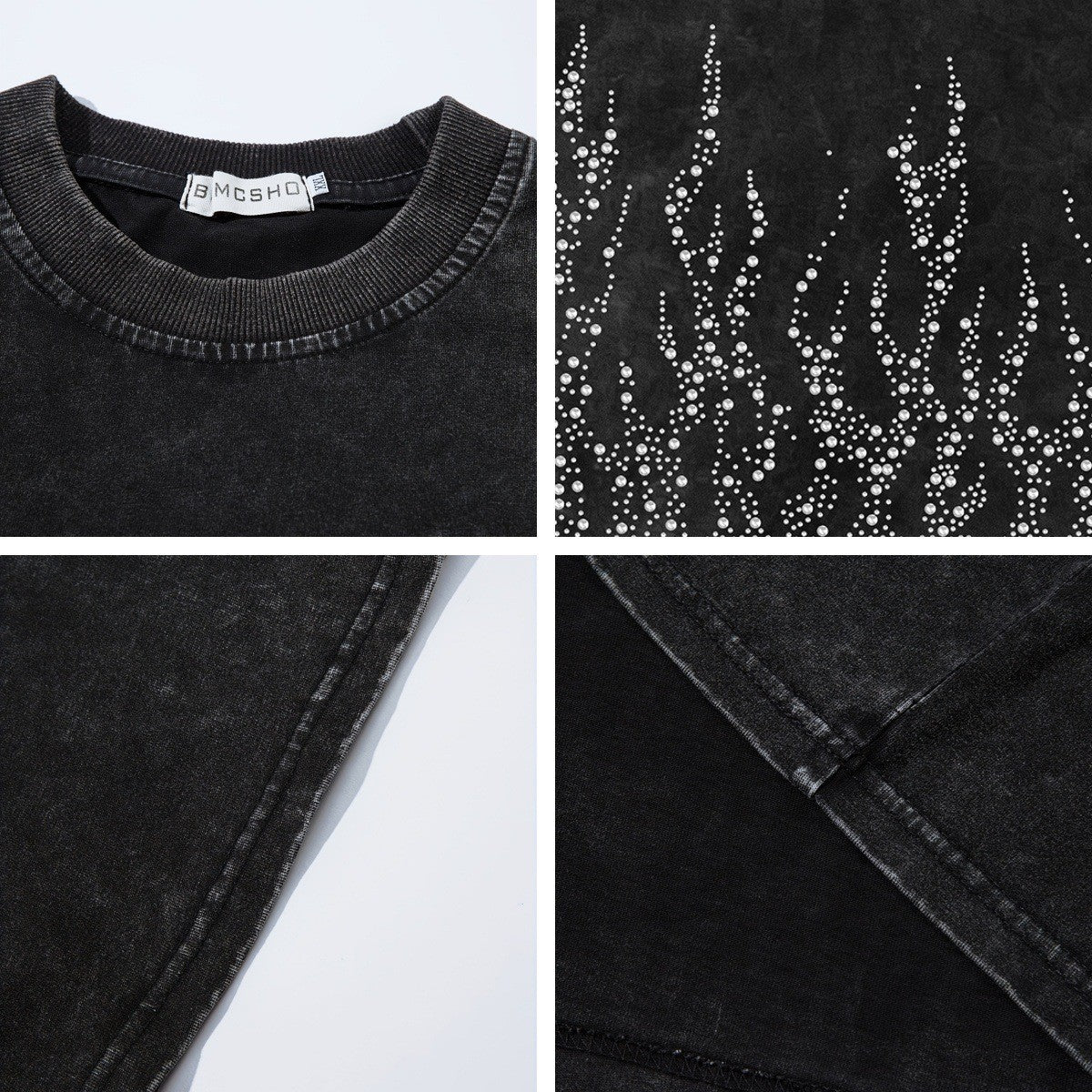 Washed Damage Rhinestone Flame Short Sleeve T-Shirt WN26922