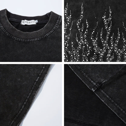 Washed Damage Rhinestone Flame Short Sleeve T-Shirt WN26922