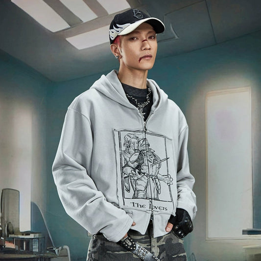 Print Short Slim Double Zipper Hoodie WN20577