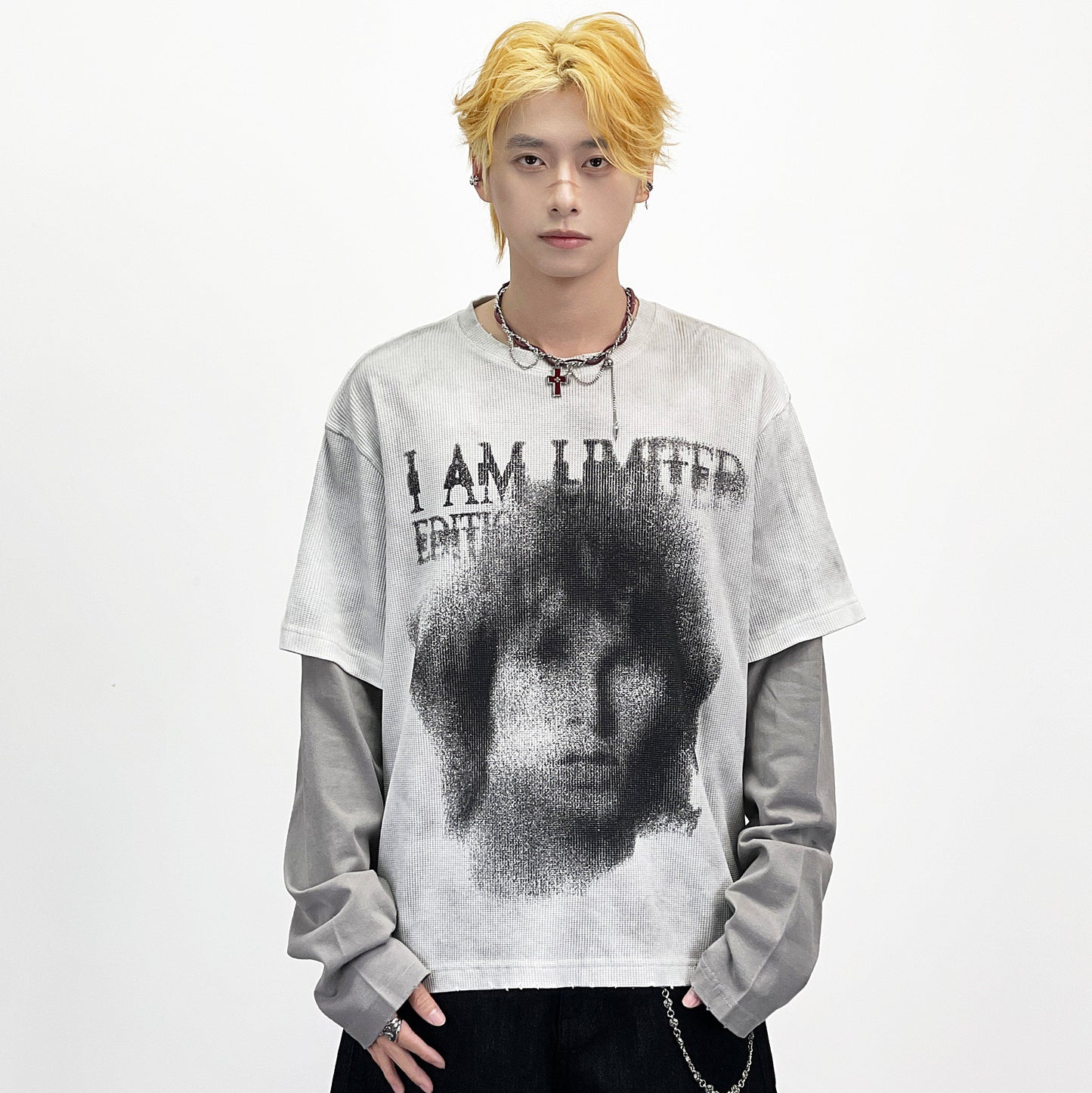 Fake Layered Portrait Print Damage Long Sleeve T-Shirt WN24281