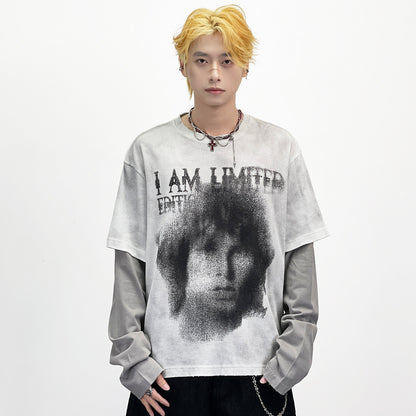 Fake Layered Portrait Print Damage Long Sleeve T-Shirt WN24281