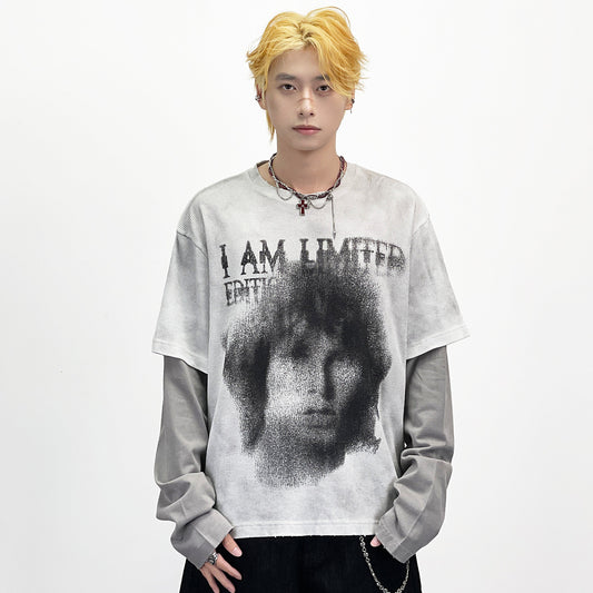 Fake Layered Portrait Print Damage Long Sleeve T-Shirt WN24281