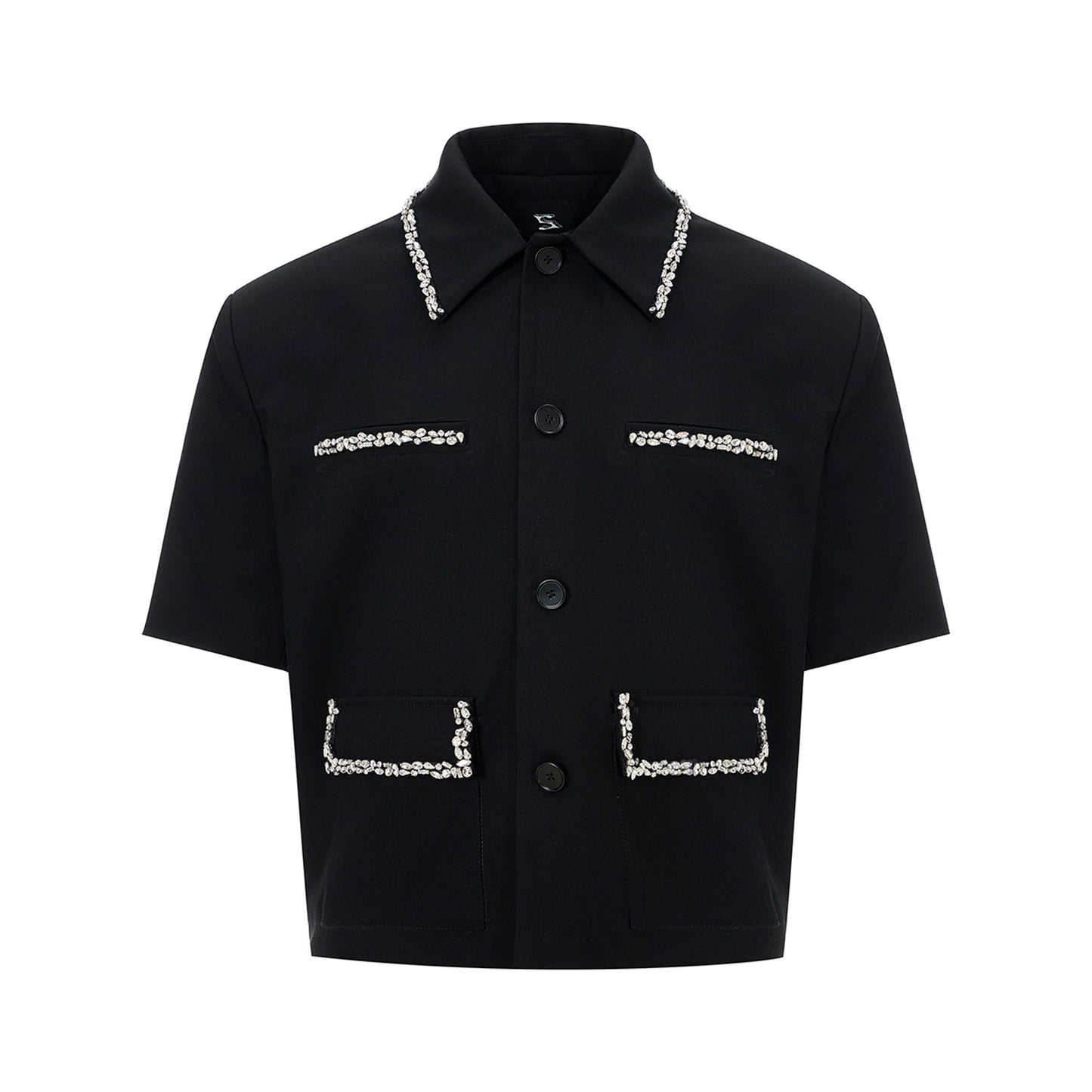 Rhinestone Short Sleeve Shirt Jacket & Rhinestone Slit Flare Trousers Setup WN16581