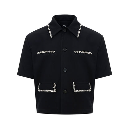 Rhinestone Short Sleeve Shirt Jacket & Rhinestone Slit Flare Trousers Setup WN16581