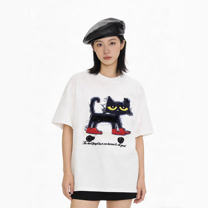 Cat Applique Embroidery Short Sleeve T-Shirt WN25665