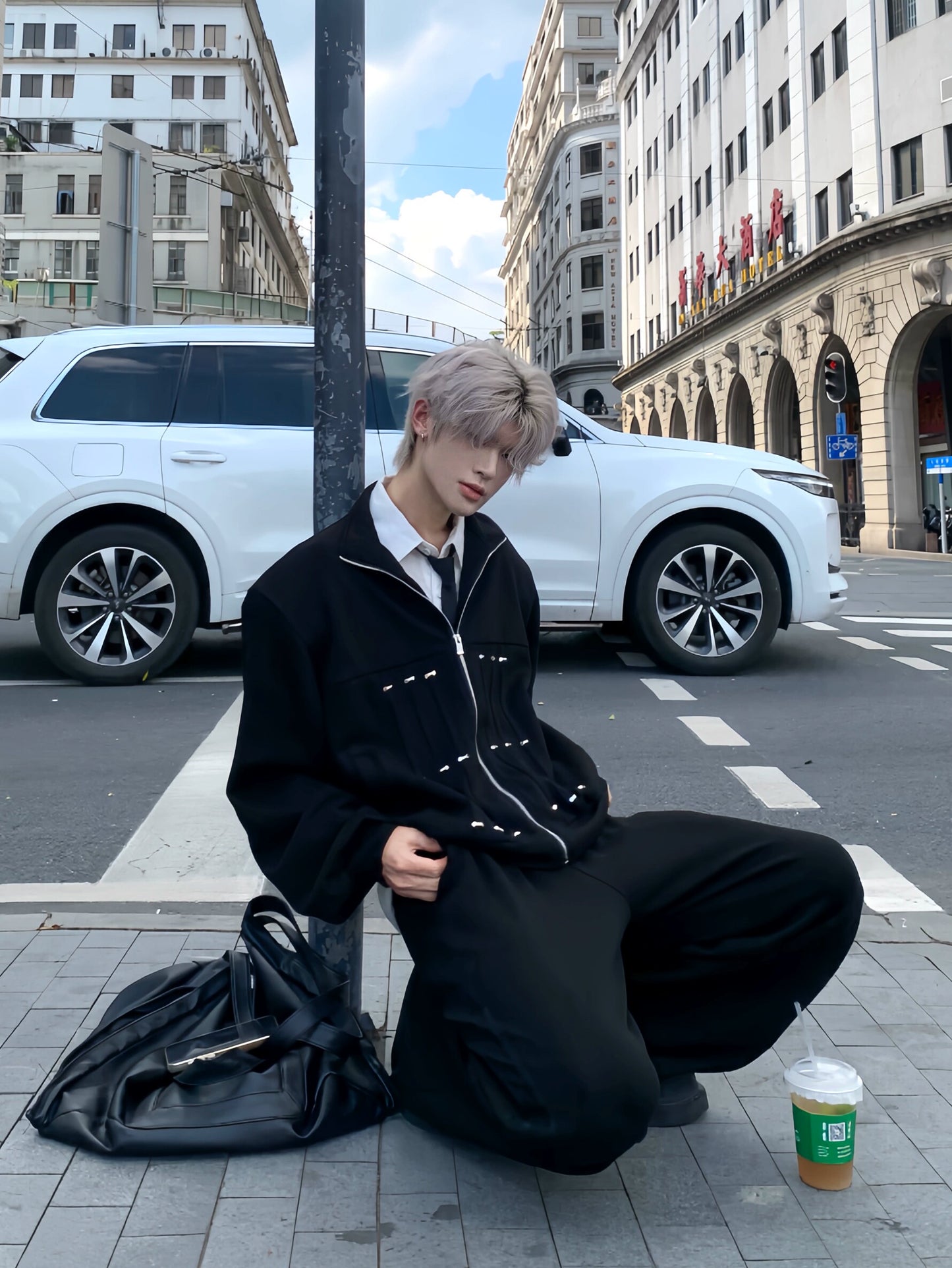 Shoulder-Pad Cropped Zipper Jacket & Wide Leg Jogger Pants Setup WN19903