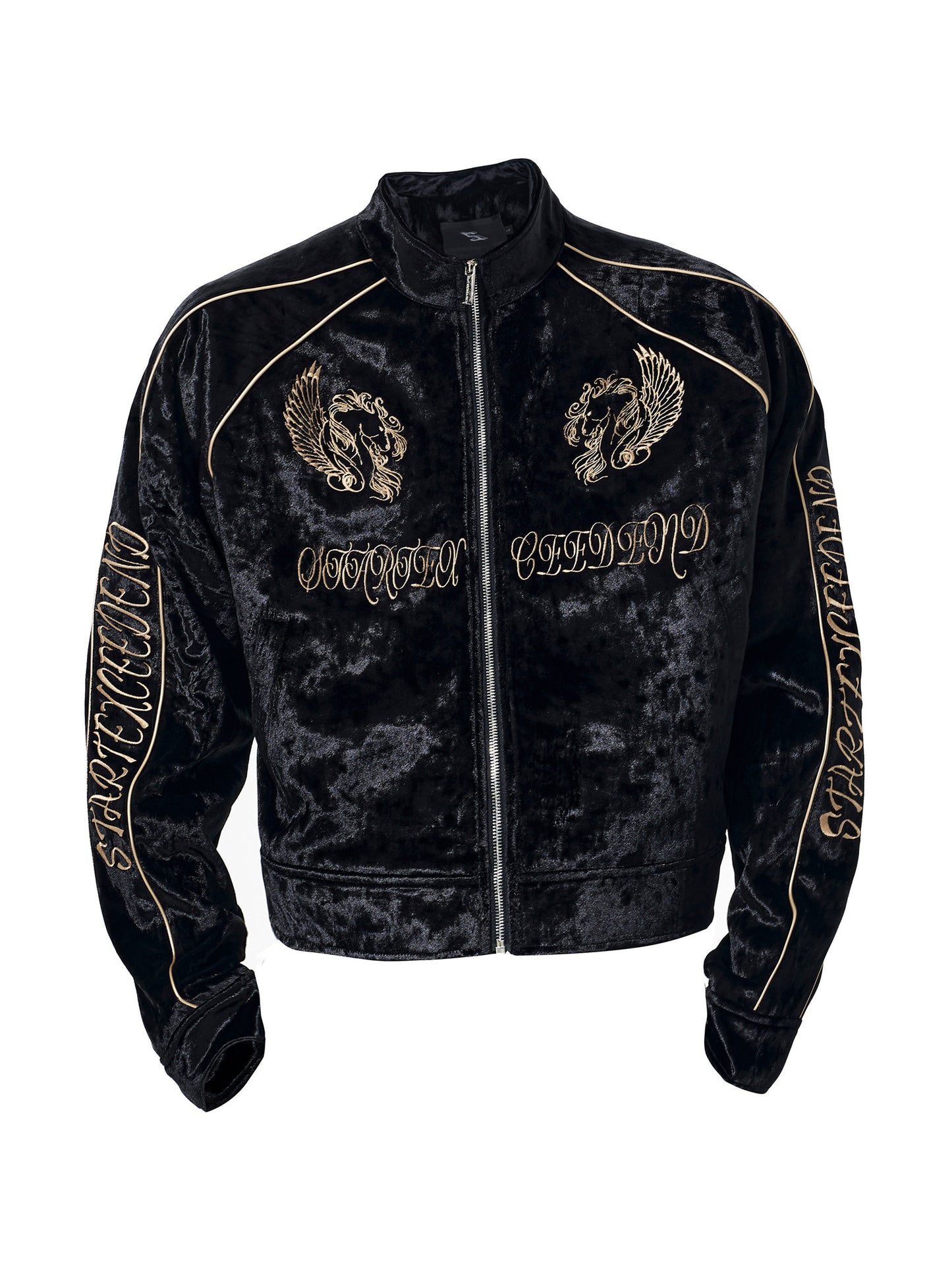 War Horse Embroidery Velvet Stand Neck Short Jacket & Pants Setup WN23277