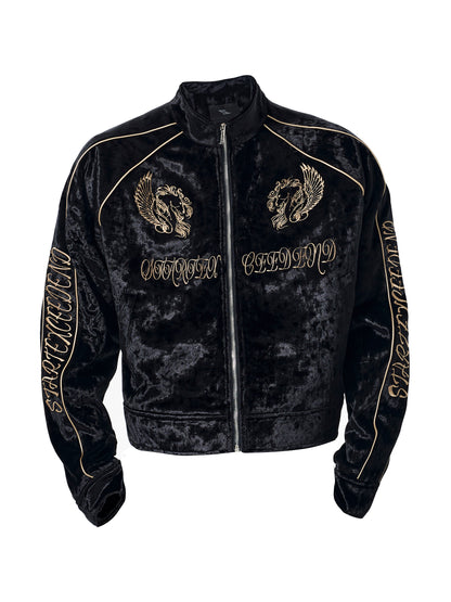 War Horse Embroidery Velvet Stand Neck Short Jacket & Pants Setup WN23277