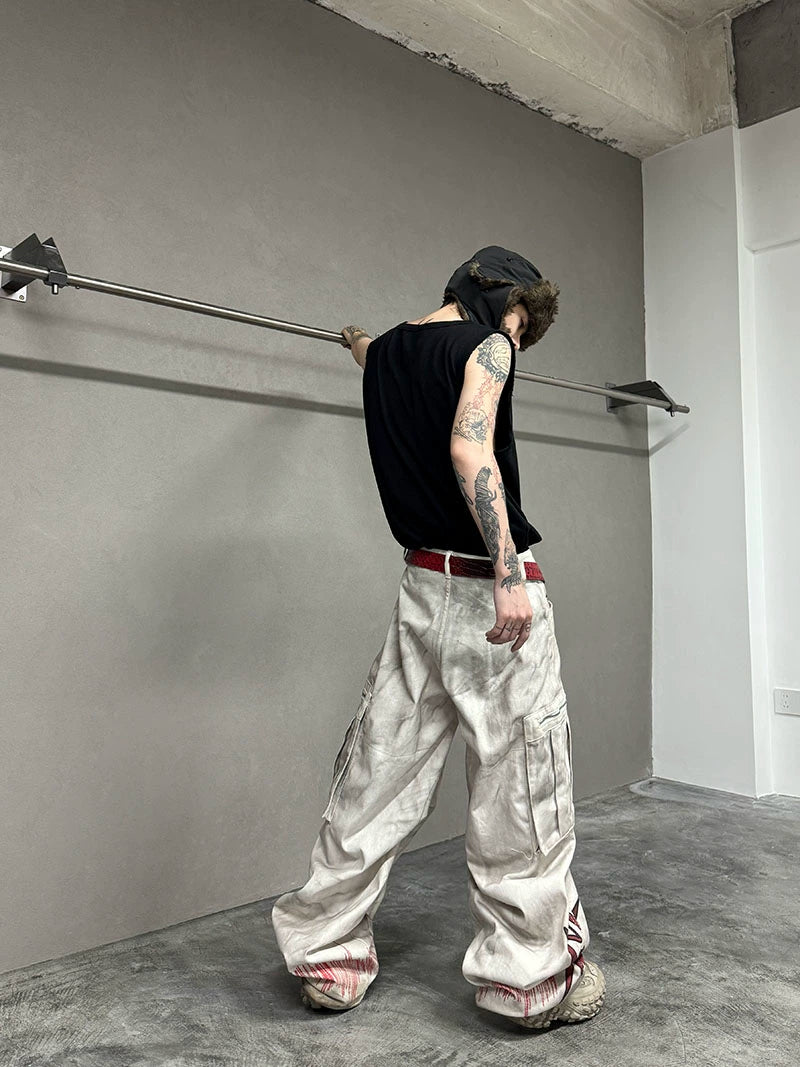 Damage Dye Print Wide Leg Cargo Denim Jeans WN21164