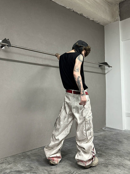 Damage Dye Print Wide Leg Cargo Denim Jeans WN21164