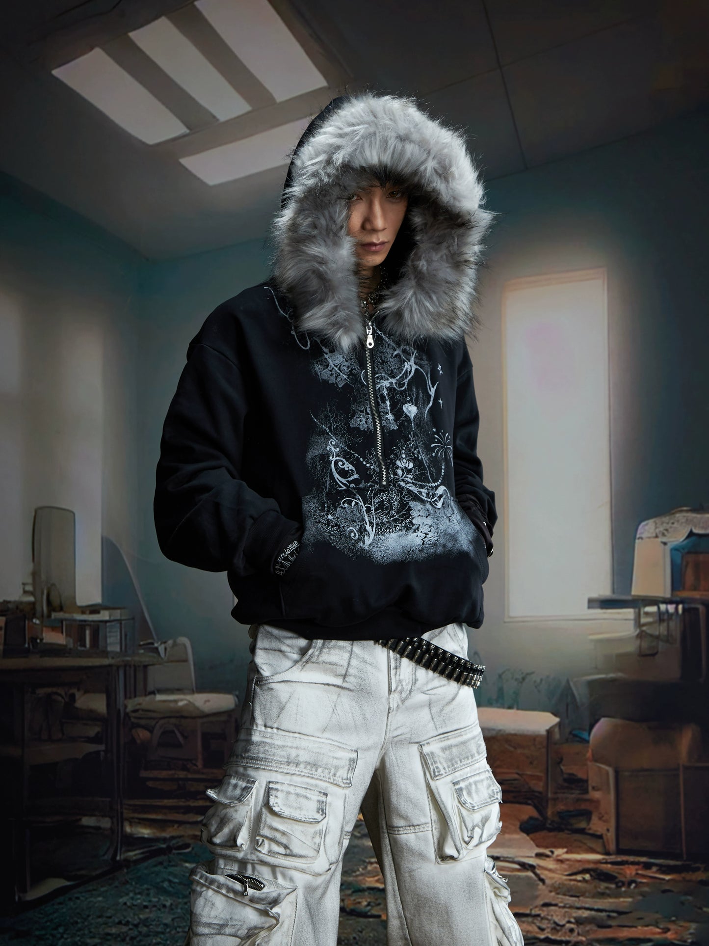 Fake Fur Art Print Oversize Half Zipper Hoodie WN20804