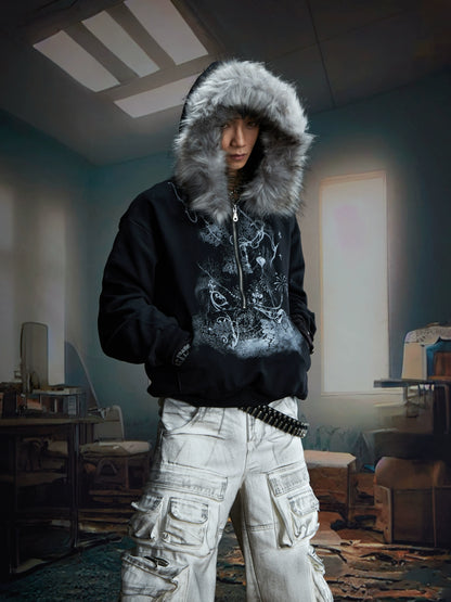 Fake Fur Art Print Oversize Half Zipper Hoodie WN20804