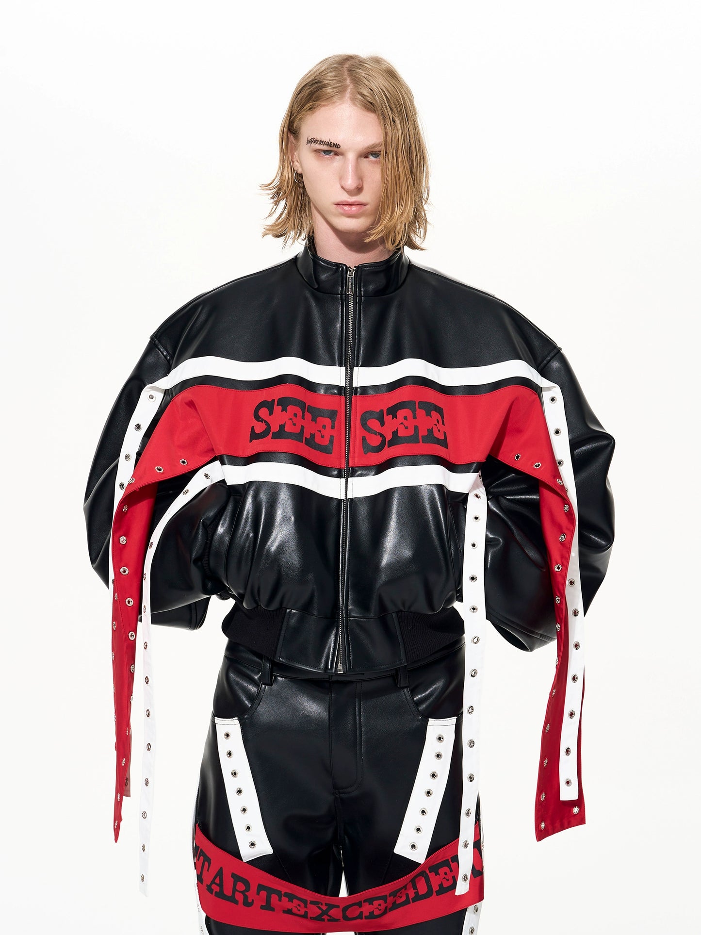 Contrast Ribbon Stand Neck PU Leather Jacket & Contrast PU Leather Flare Pants Setup WN22646