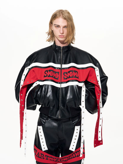 Contrast Ribbon Stand Neck PU Leather Jacket & Contrast PU Leather Flare Pants Setup WN22646