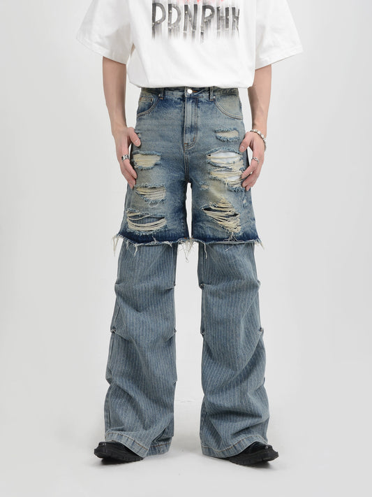 Damaged Patchwork Fake Layered Denim Jeans WN6136
