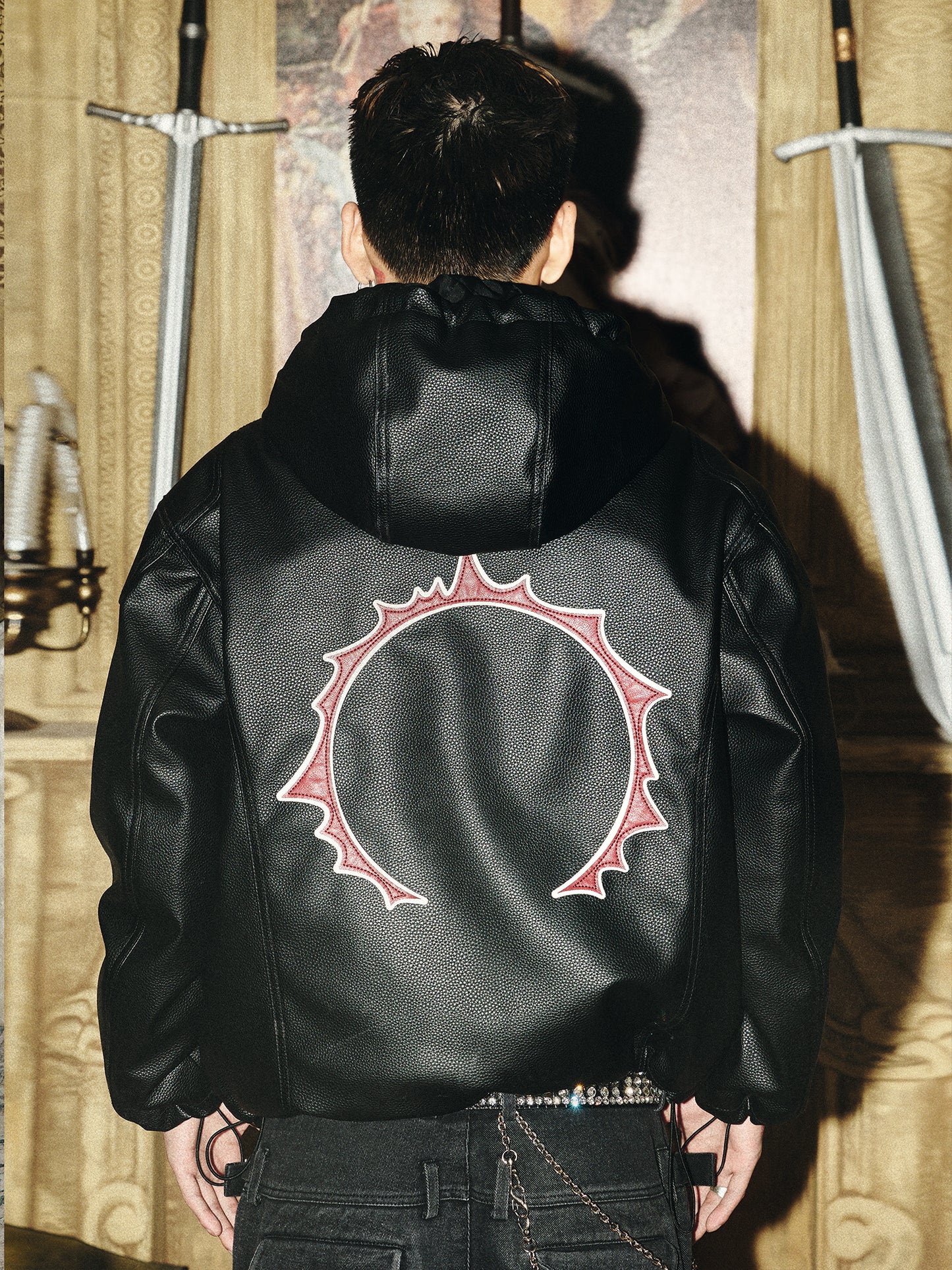 Back Graphic Design Hooded PU Leather Jacket WN15855