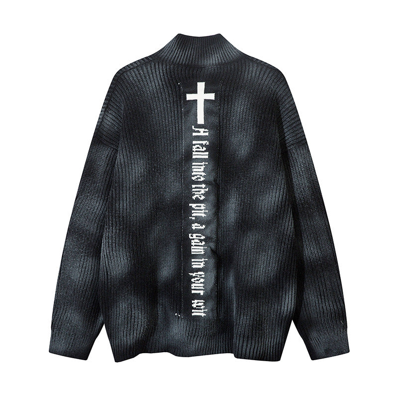 Spray-Paint Tie-Dye Cross Stand Neck Zipper Knit Cardigan WN11238