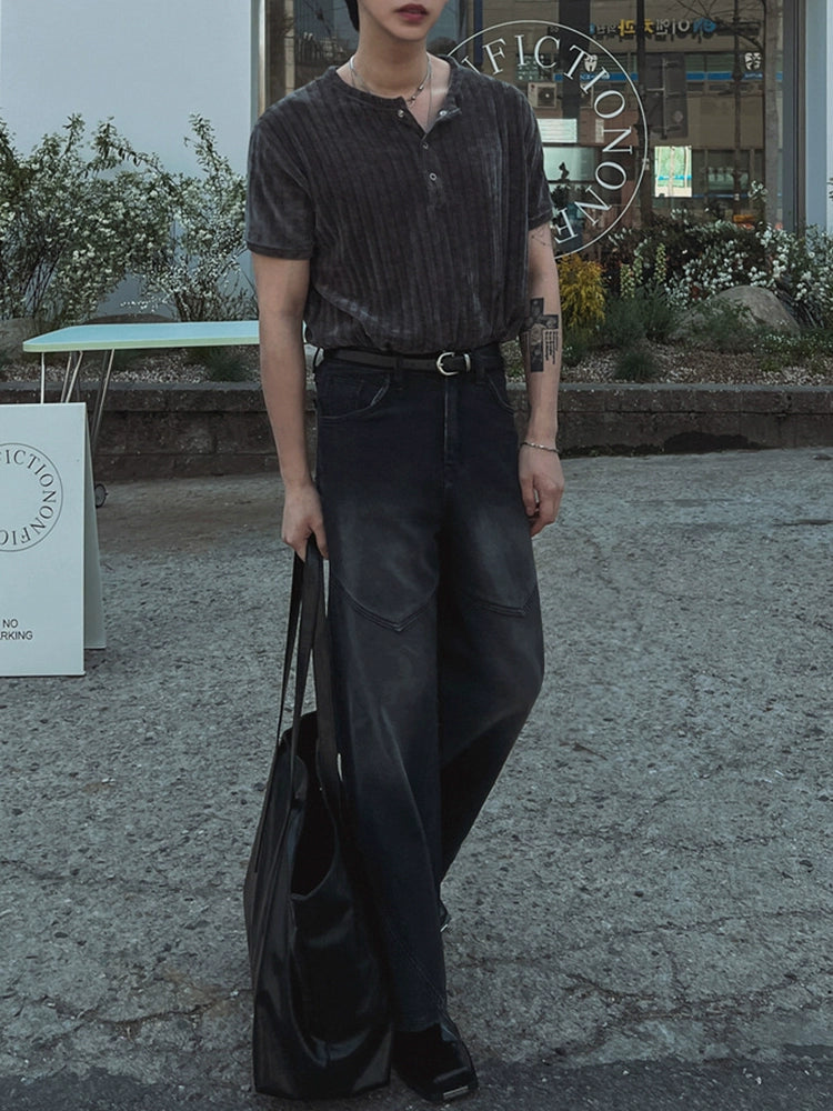 Henley Neck Plain Design Short Sleeve T-Shirt WN20269