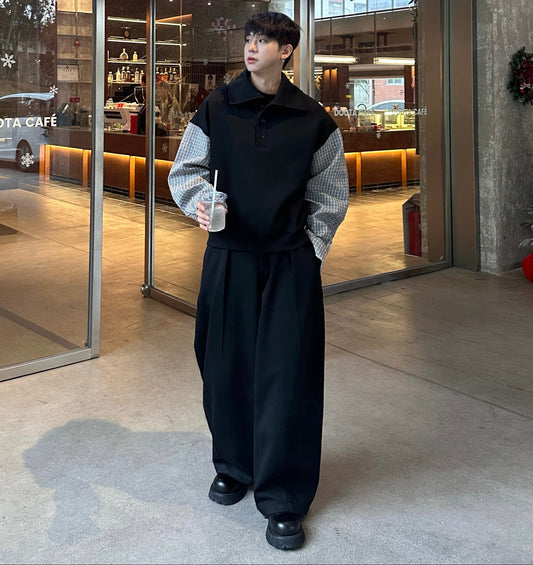 Plaid Fake Layered Long Sleeve Shirt & Wide Leg Sweatpants Setup WN25337