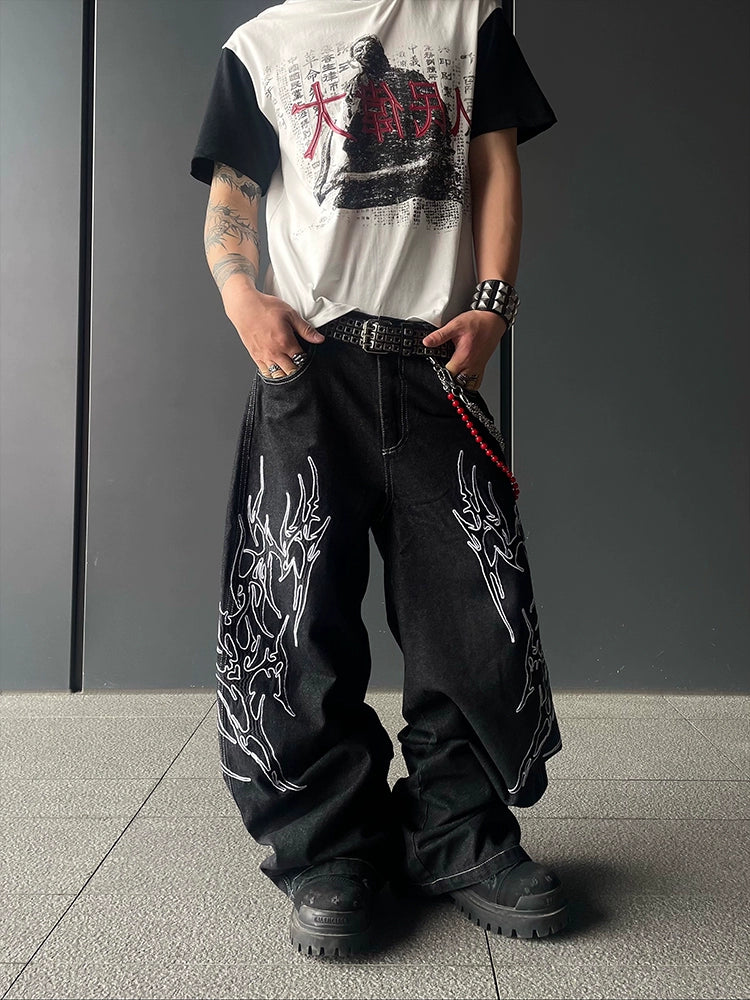 Graphic Art Embroidery Wide Leg Denim Jeans WN18804