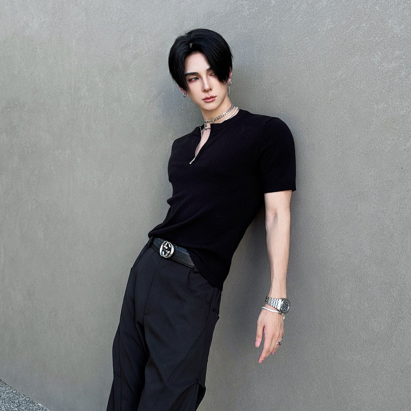 Ribbed Half-Zip Short Sleeve T-Shirt WN25123