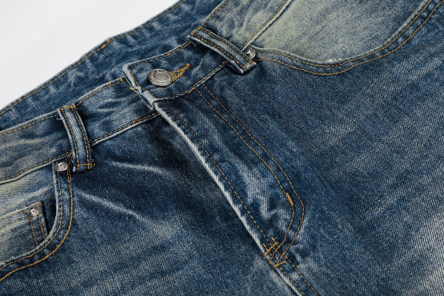 Washed Whisker Damage Wide Leg Denim Jeans WN26008