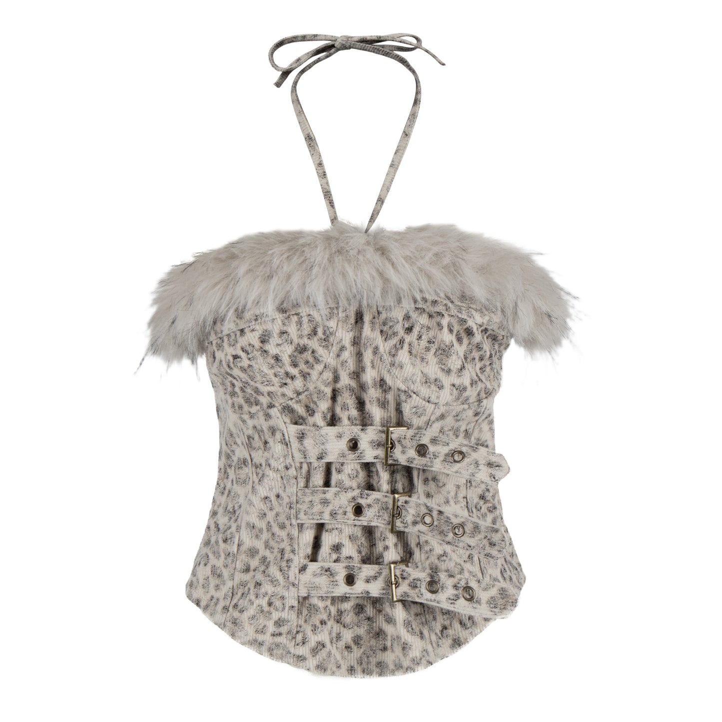 Fake Fur Ear Detail Star Hooded Puffer Jacket & Leopard Print Fake Fur Trim Halter Tank Top & Fake Fur Star Short Pants Setup WN22785