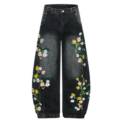 Floral Embroidery Wide Leg Denim Jeans WN23570