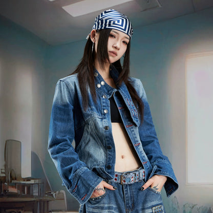 Washed Stand Neck Denim Jacket WN21344