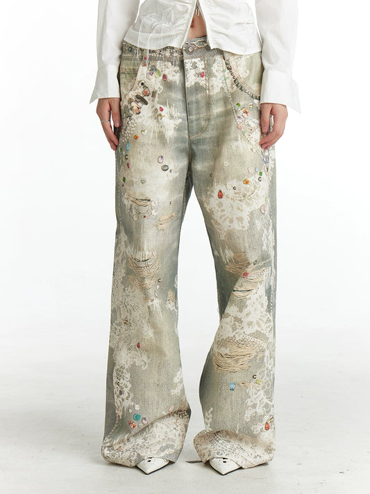 Digital Lace Print Wide-Leg Straight Denim Jeans WN17037