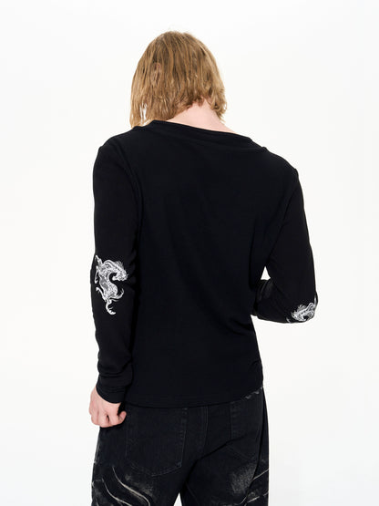 Double-Layered Neckline Embroidery Horse Logo Long Sleeve T-Shirt WN22654