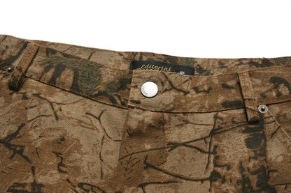 Camouflage Tree Print Cargo Pocket Wide Leg Denim Jeans WN28031