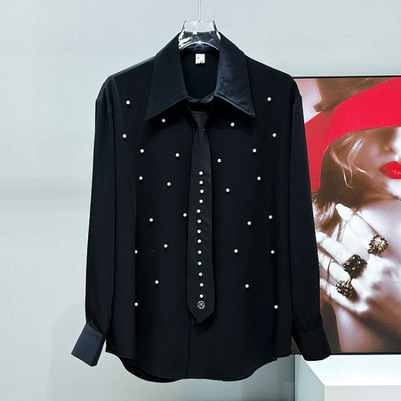 Shoulder-pad Lapel Drape Pearl Tie Long Sleeve Shirt WN23914