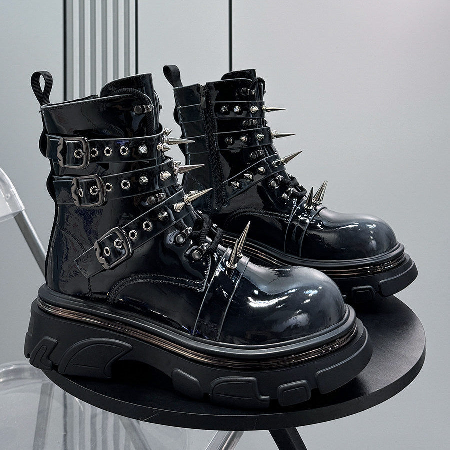 Patent Strap Buckle Spike Platform Boots WN24726