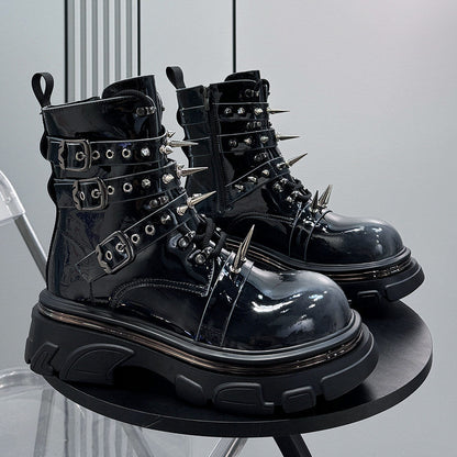 Patent Strap Buckle Spike Platform Boots WN24726