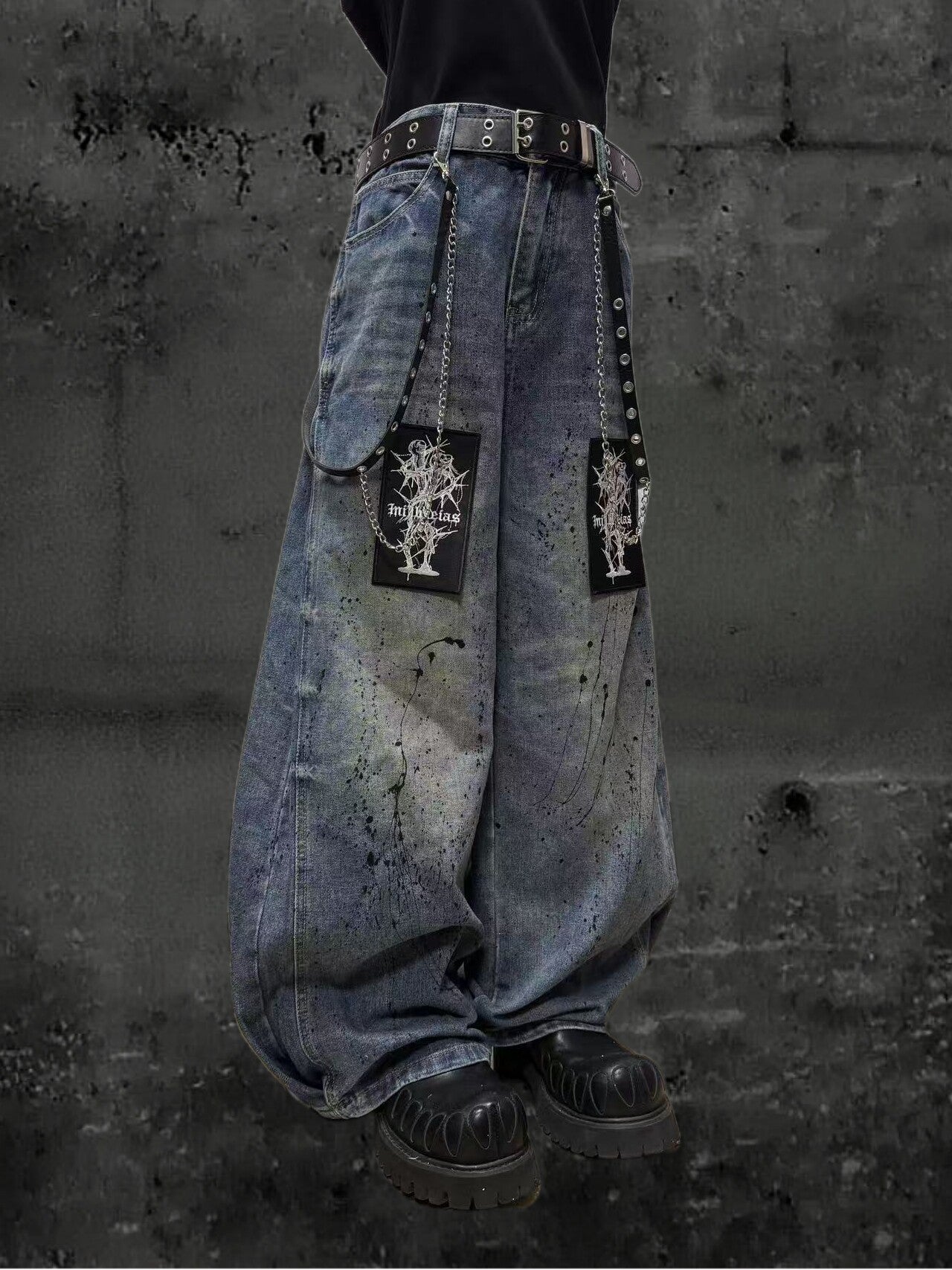 Paint Wash Damage Wide Leg Denim Jeans & Skull Belt & Belt Chain WN23803