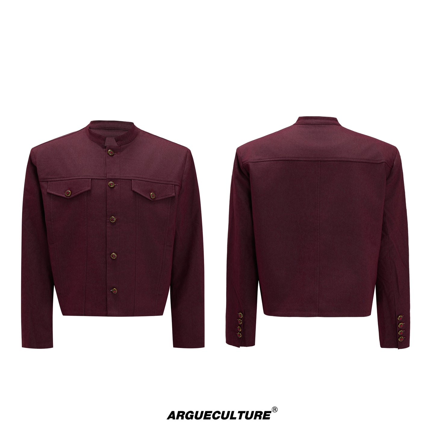 Fur Collar Gem Button Standing-Collar Short Jacket & Trousers Setup WN21733