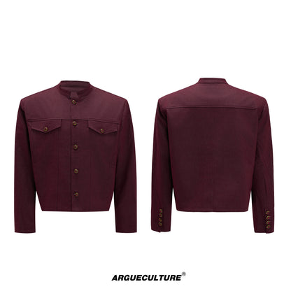 Fur Collar Gem Button Standing-Collar Short Jacket & Trousers Setup WN21733