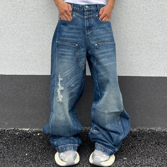 Damage Washed Wide Leg Denim Jeans WN24031