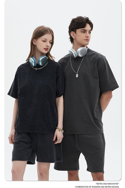 Washed Dyed Oversize Damage Short-sleeve T-shirt & Short Sweatpants Setup WN6630
