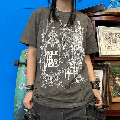 Washed Art Print Damage Short Sleeve T-Shirt WN16746