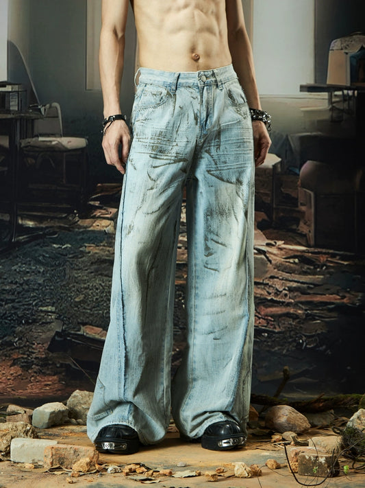 Stain Wash Graffiti Hand-Rubbed Patchwork Wide Leg Straight Denim Jeans WN18503