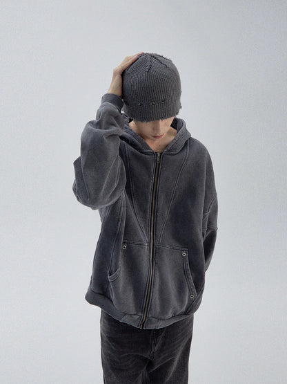 Washed Patchwork Oversize Zipper Hoodie WN8790