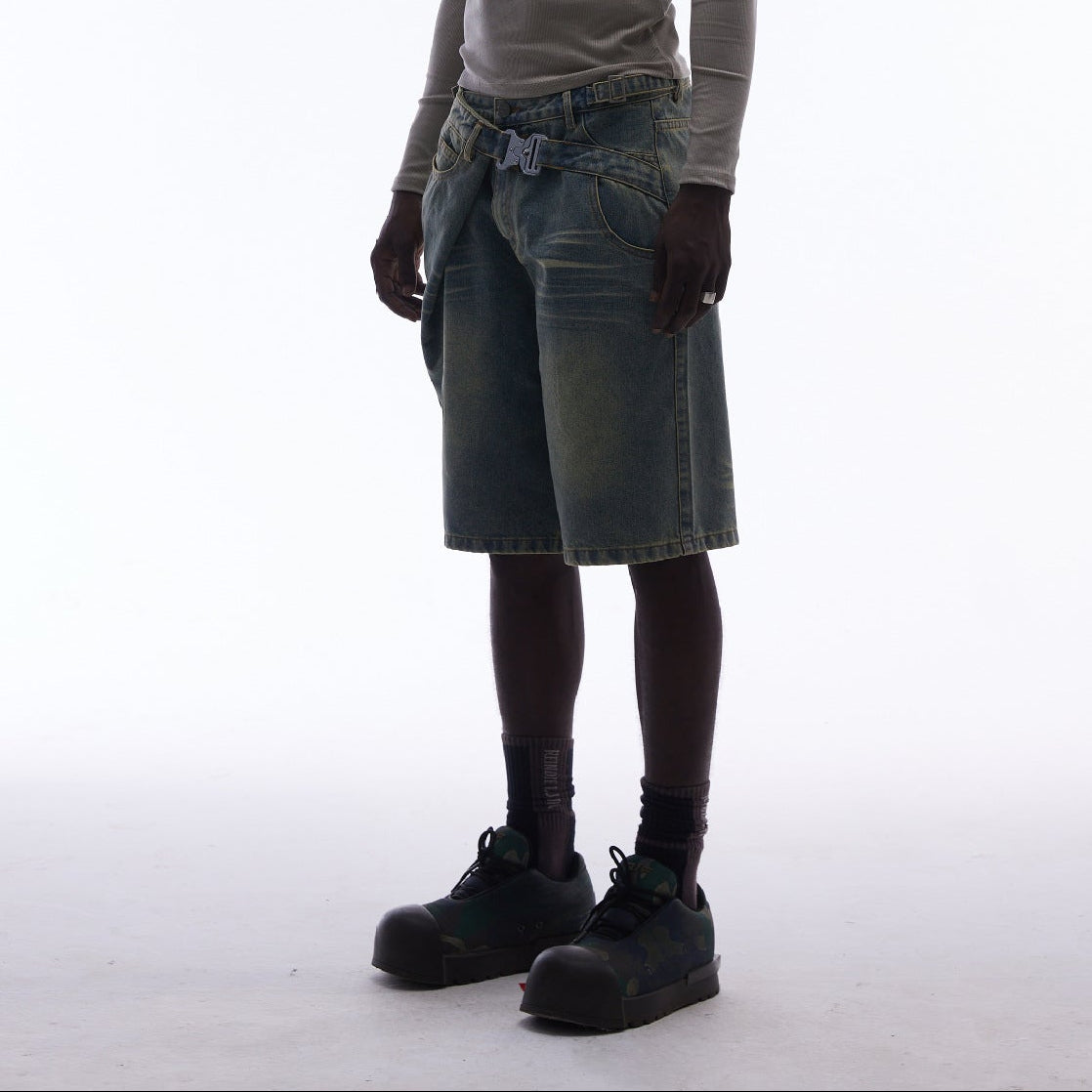Washed Whisker Metal Buckle Denim Half Pants WN25513