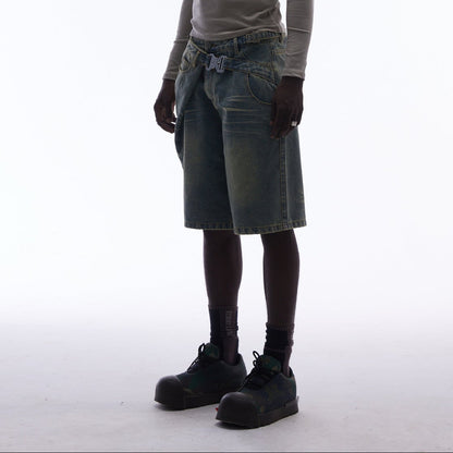 Washed Whisker Metal Buckle Denim Half Pants WN25513